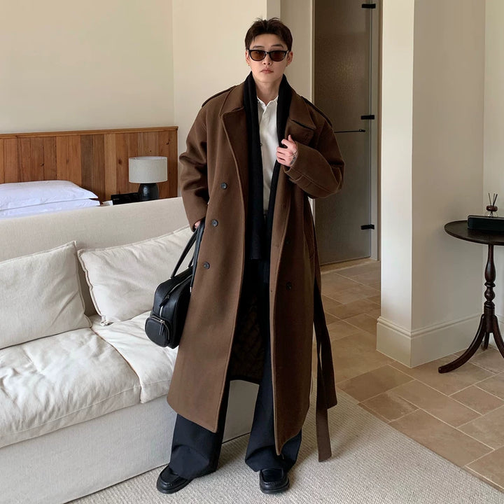 معطف ترينش طويل من الصوف يصل إلى ما فوق الركبة 