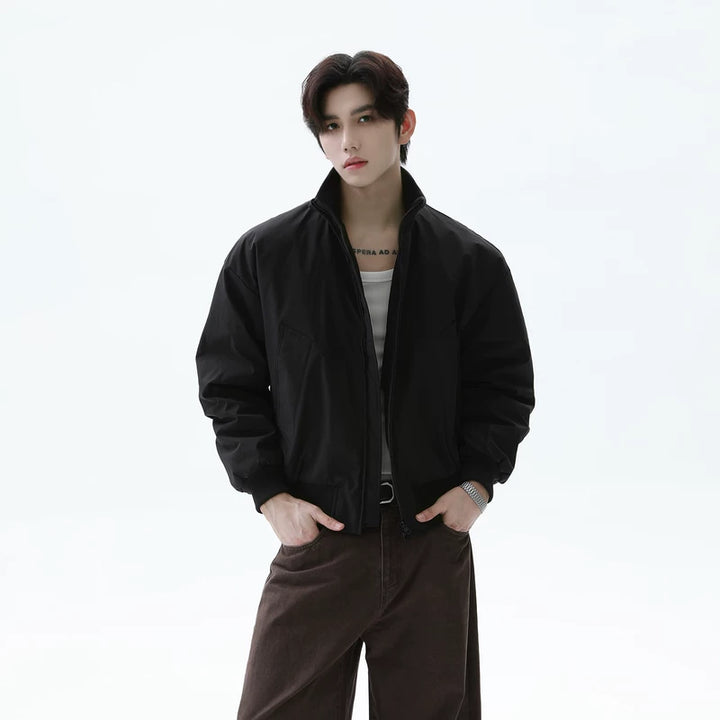 Ribbed Stand Collar Short Down Jacket