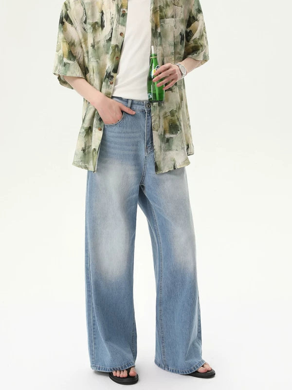 Washed Distressed Wide Leg Denim Pants