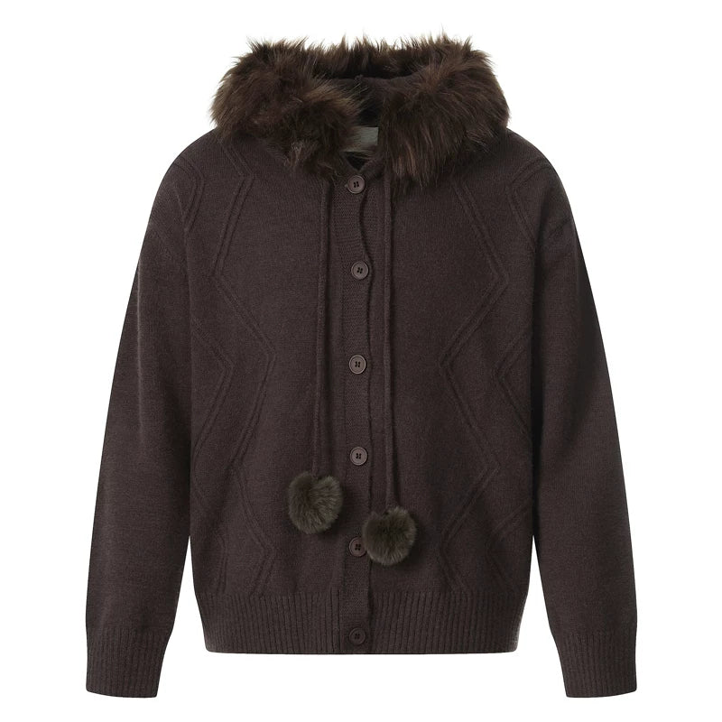 Hooded Fur Collar Knit Cardigan