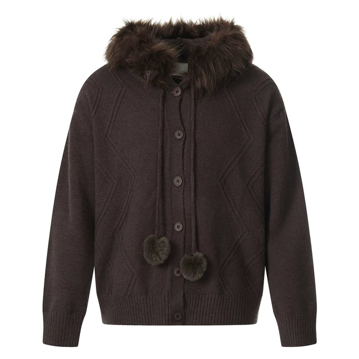 Hooded Fur Collar Knit Cardigan