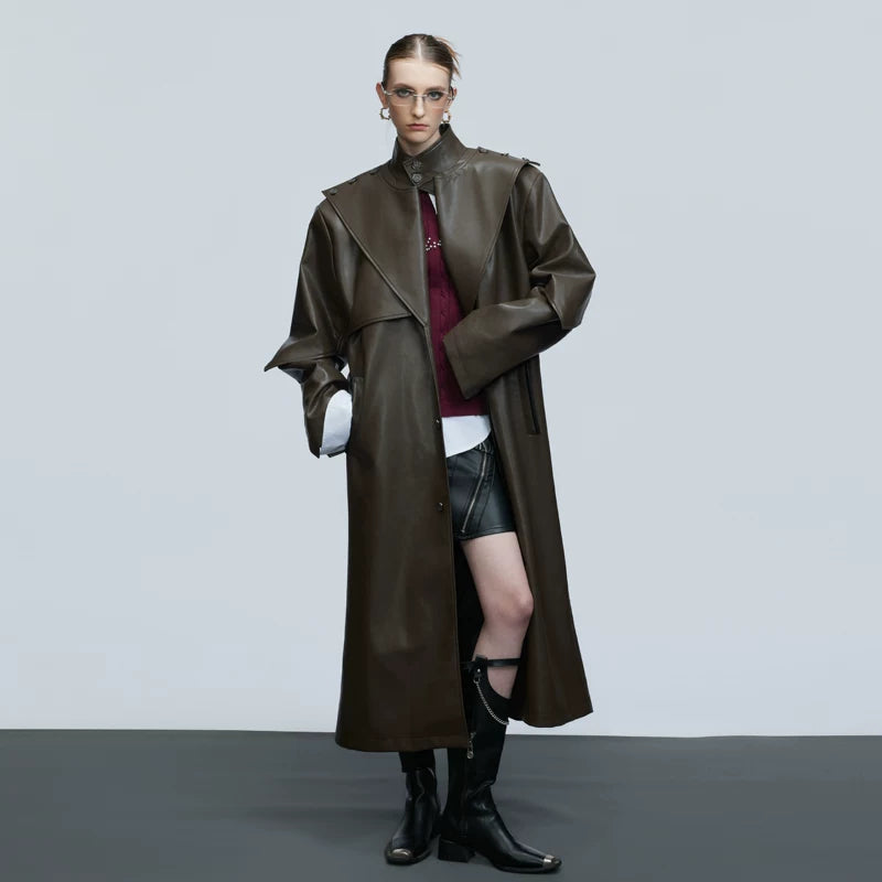 Deconstructed Stand Collar Leather Trench