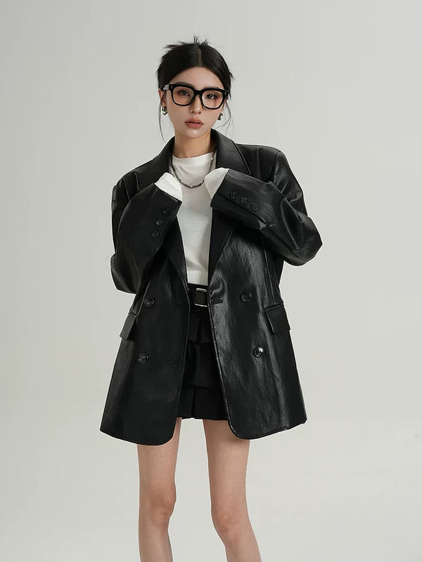 Orta Boy Sahte Deri Blazer Ceket 