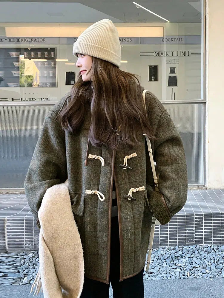 Hooded Horn Button Wool Coat