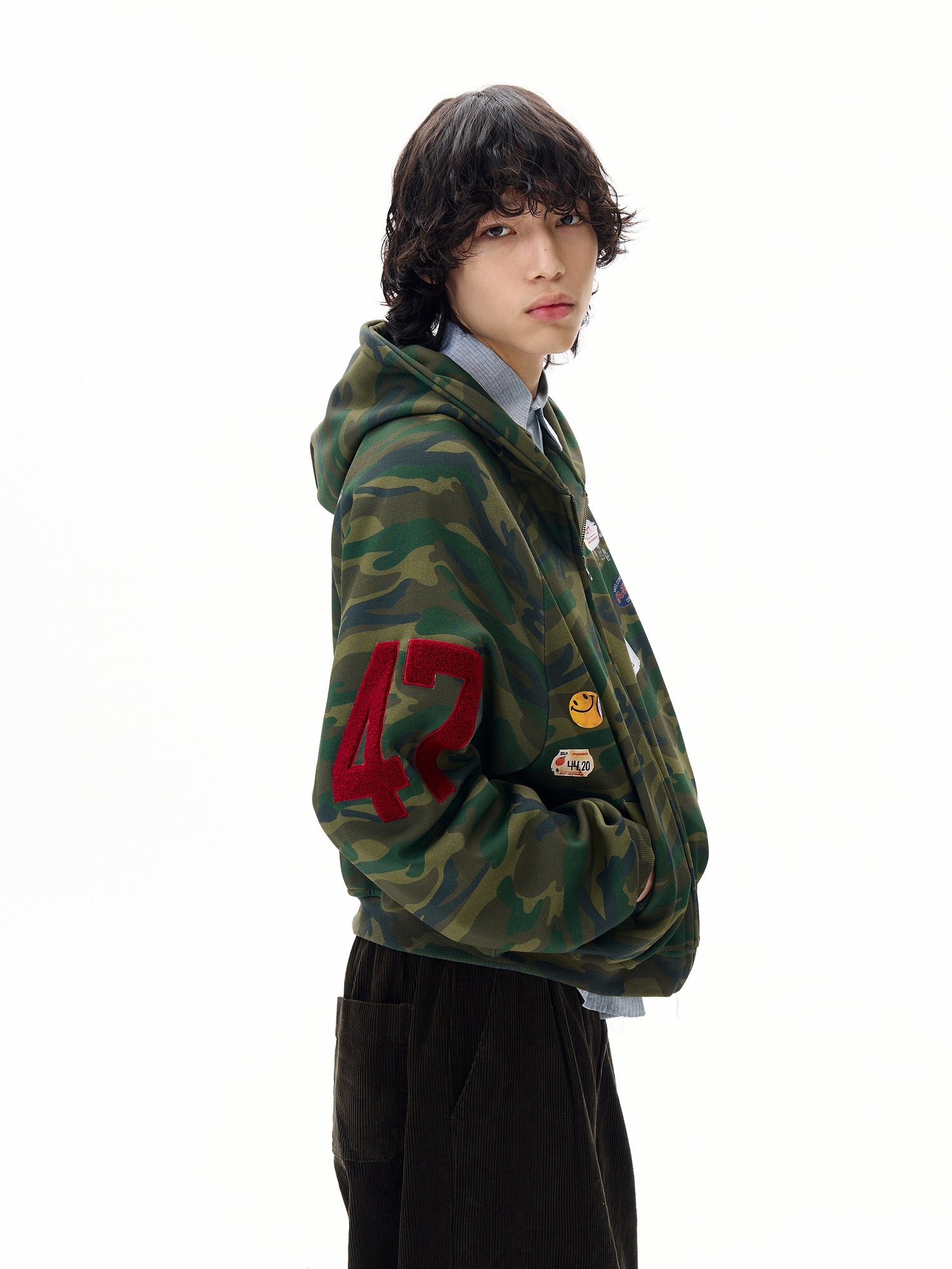 Kamuflaj Yaması Nakışlı Fermuarlı Kapüşonlu Sweatshirt 