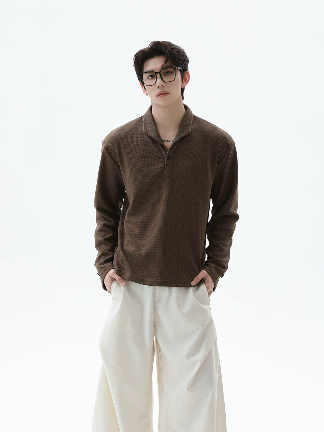 Waffle Texture Long Sleeve Polo Shirt