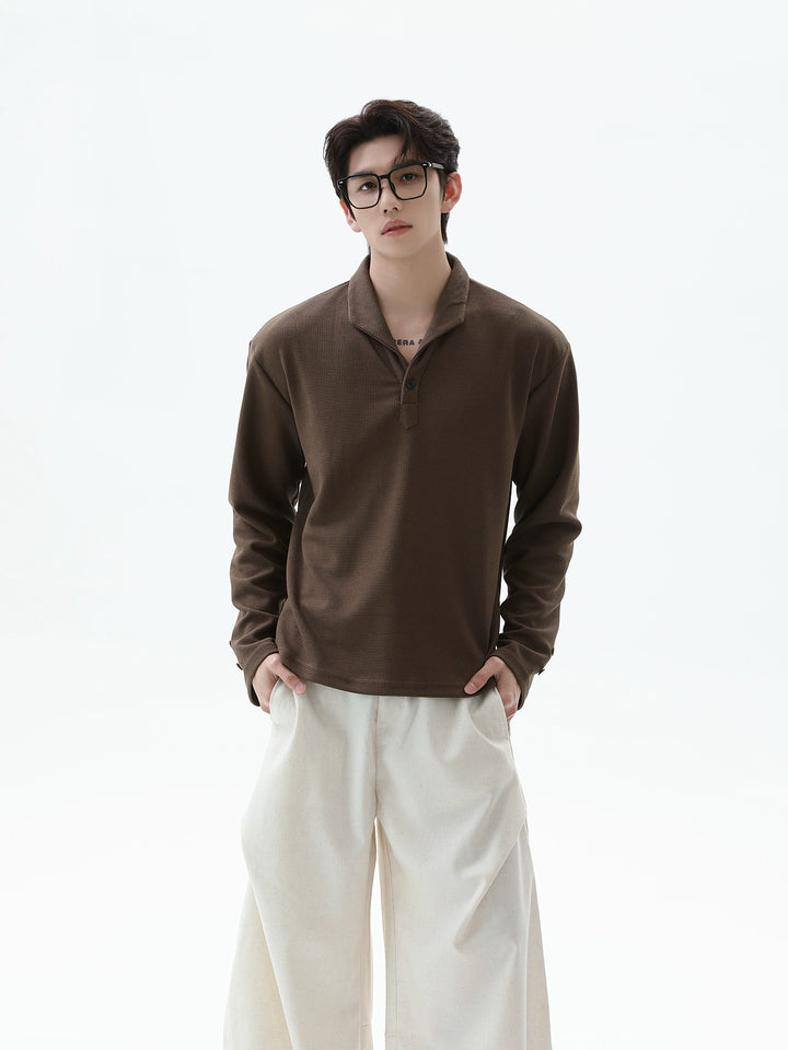 Waffle Texture Long Sleeve Polo Shirt