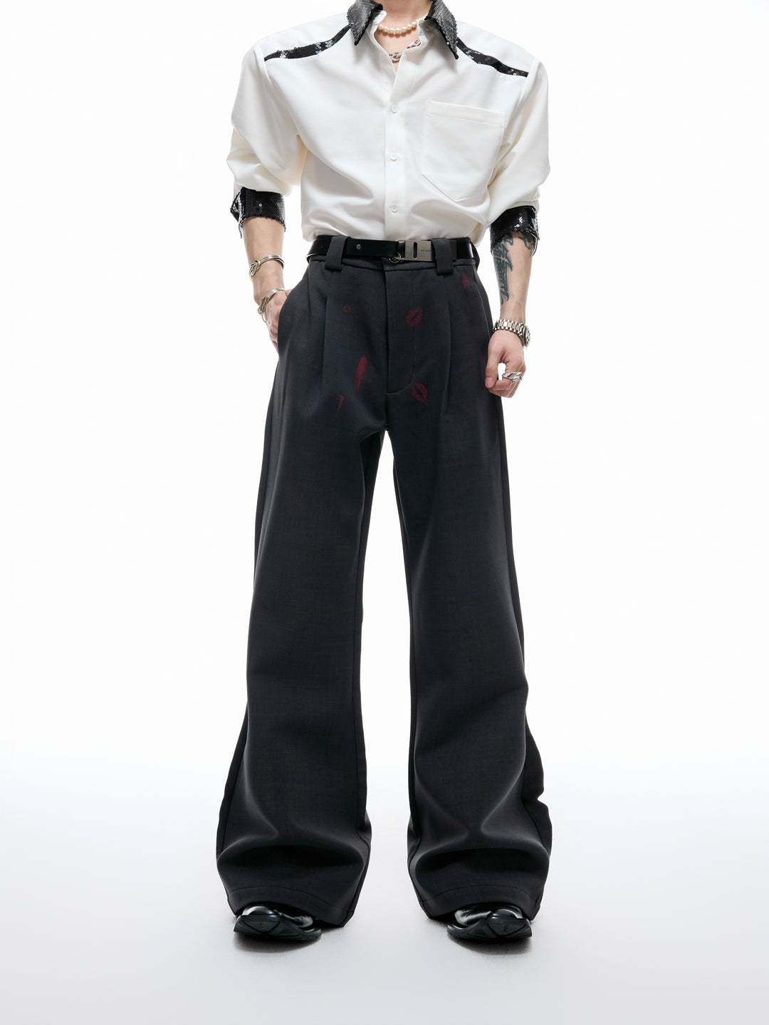 Pleated Wide-Leg Lip Print Pants