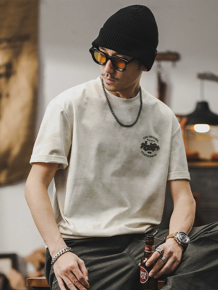 تي شيرت قصير الأكمام ثقيل الوزن برسومات عتيقة 