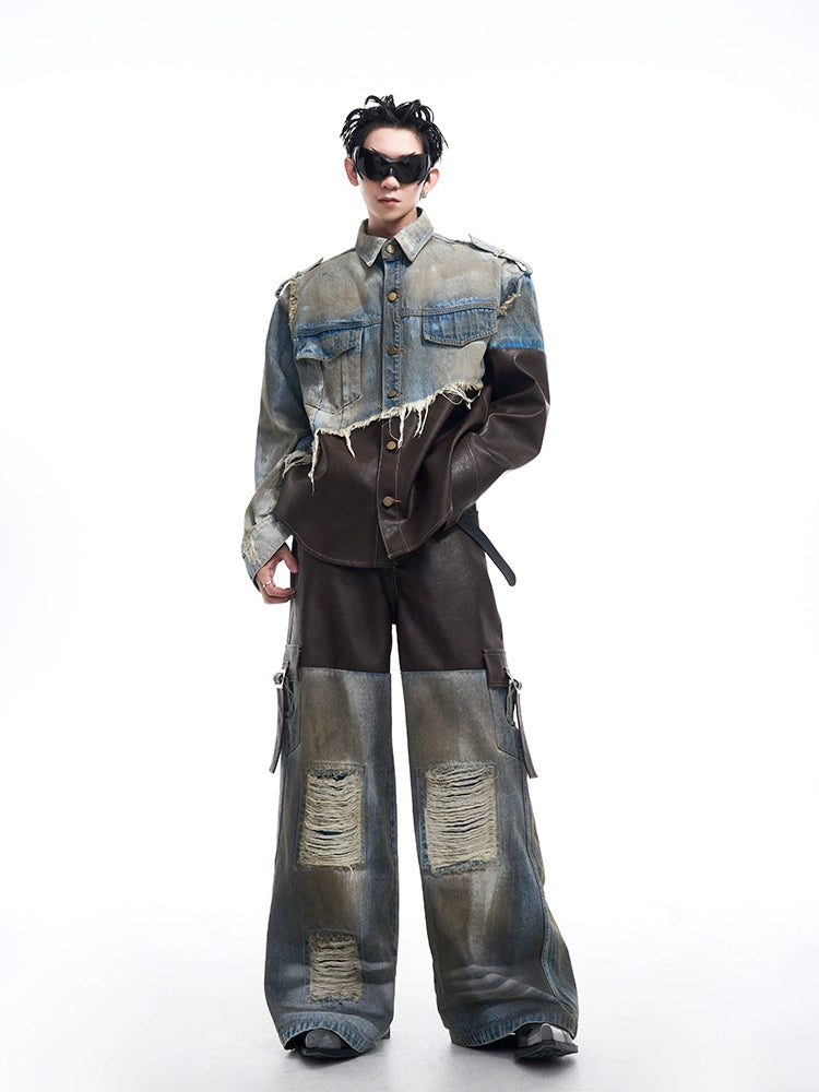 Distressed denim läder lapptäckesjacka 