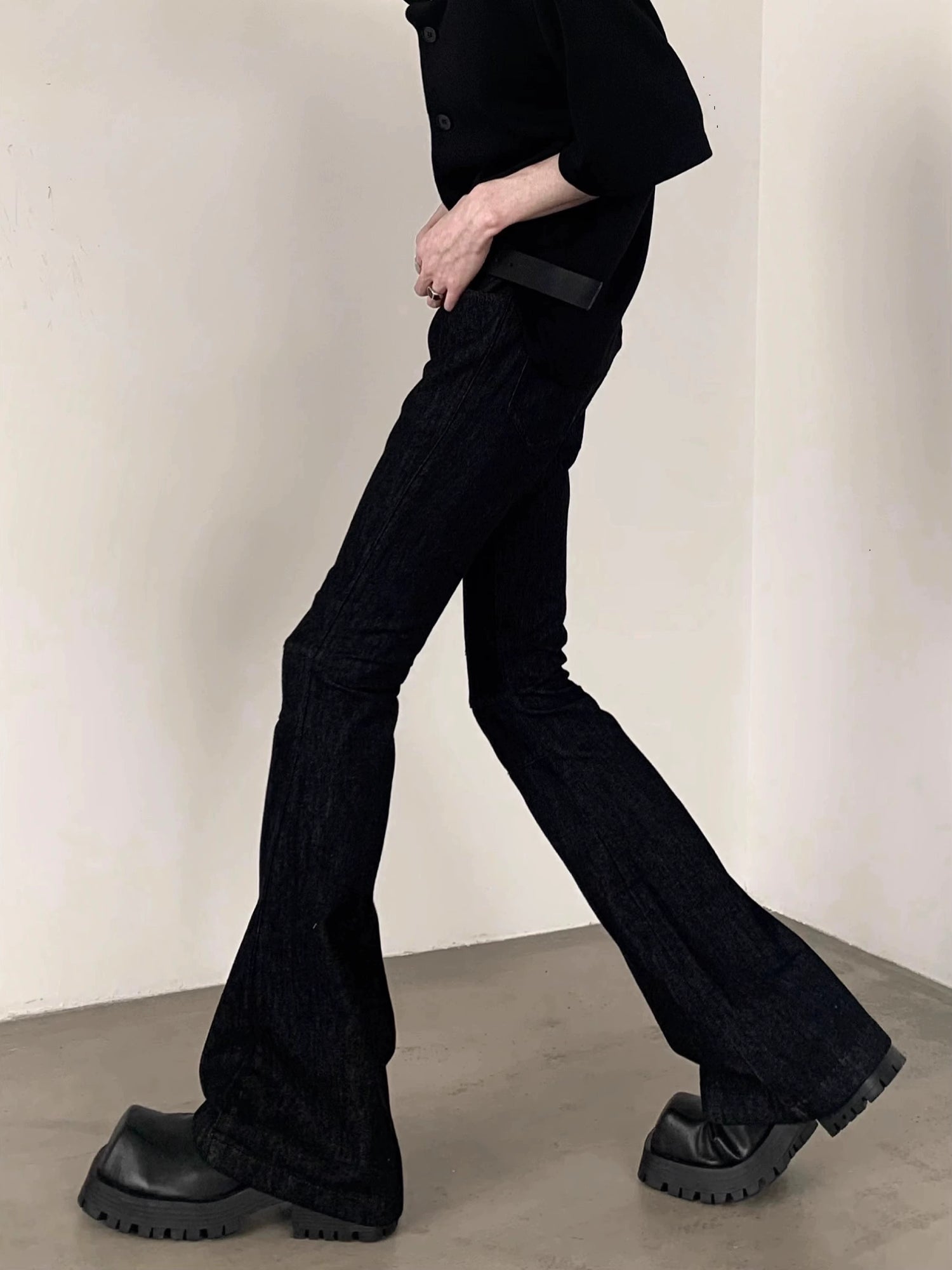Black Slim-fit Denim Flared Pants