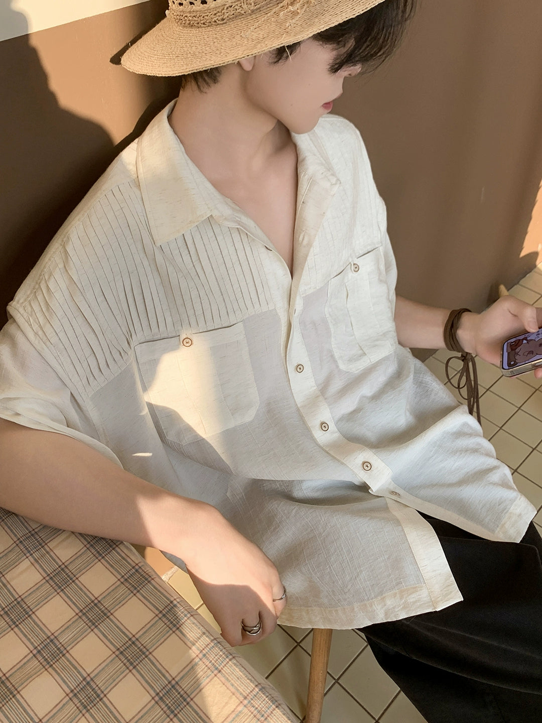 Chemise à col cubain en coton de chanvre avec double poche 