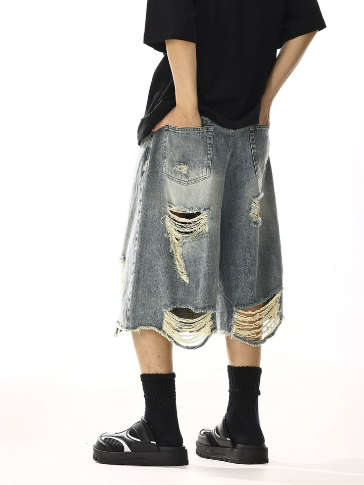 Distressed Wide-Leg Cropped Denim Shorts