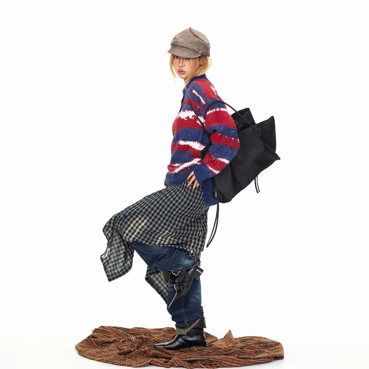 Striped Faux Mink Polo Collar Sweater