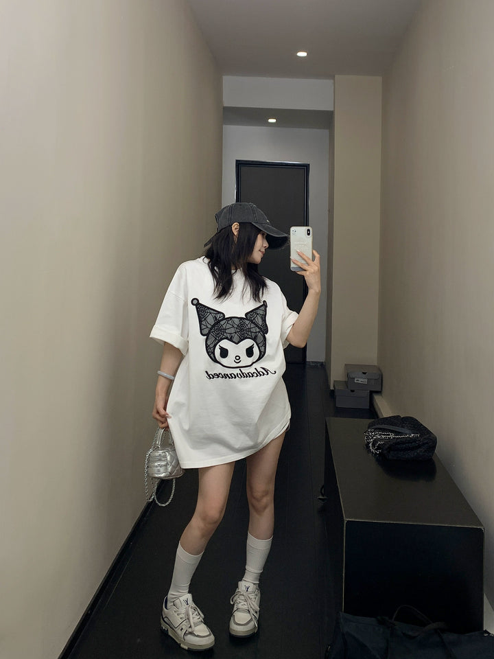 Cartoon Graphic Lace Patchwork T-Shirt