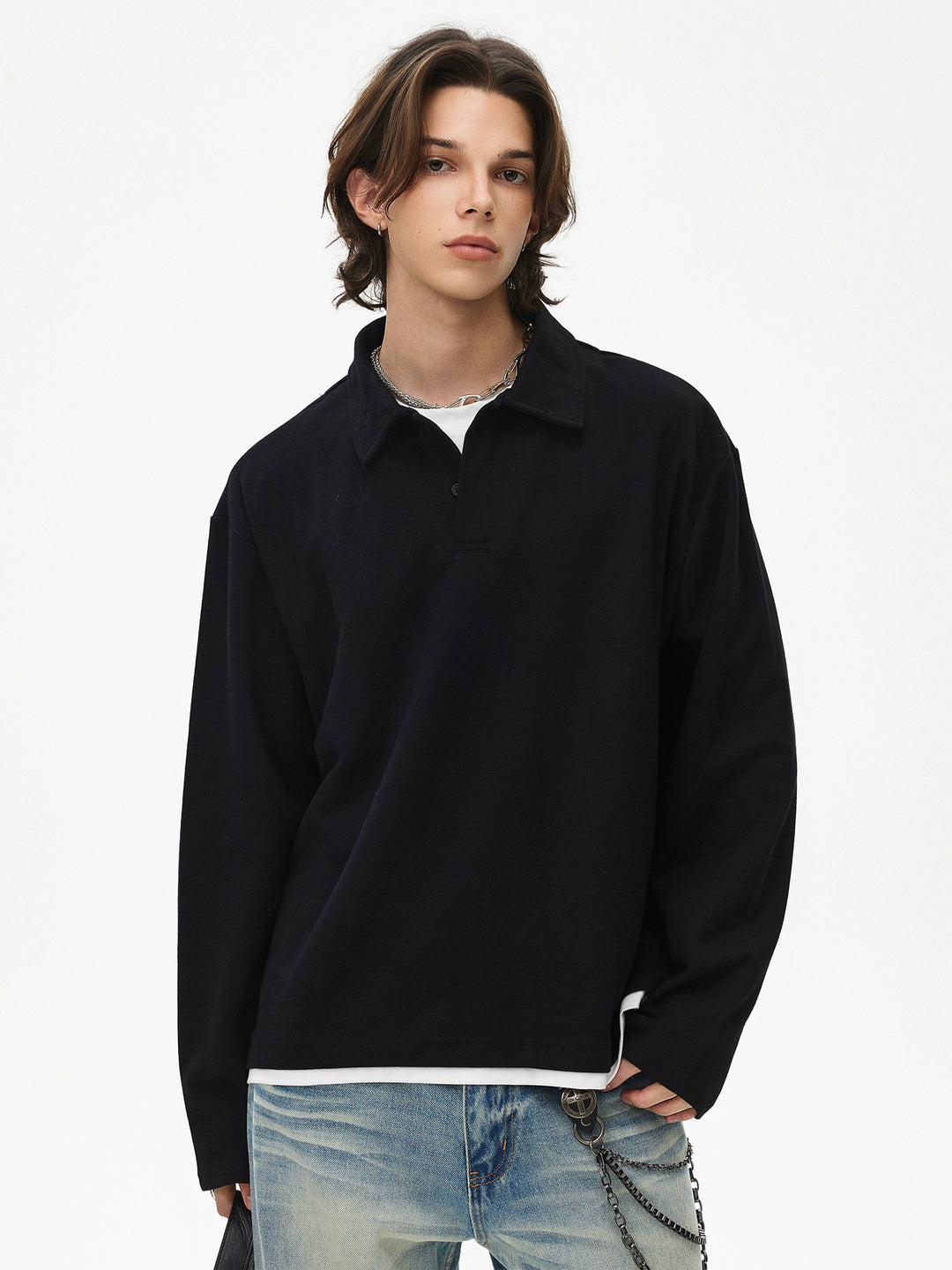 Henley Collar Long Sleeve Sweatshirt