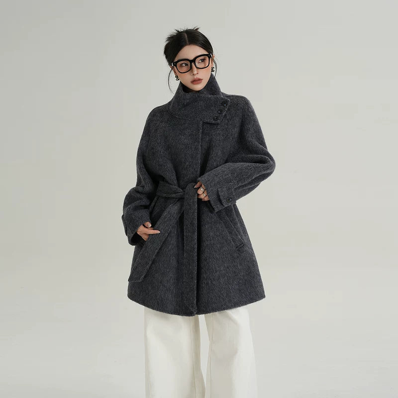 Mid-Length Wool Coat with Stand Collar