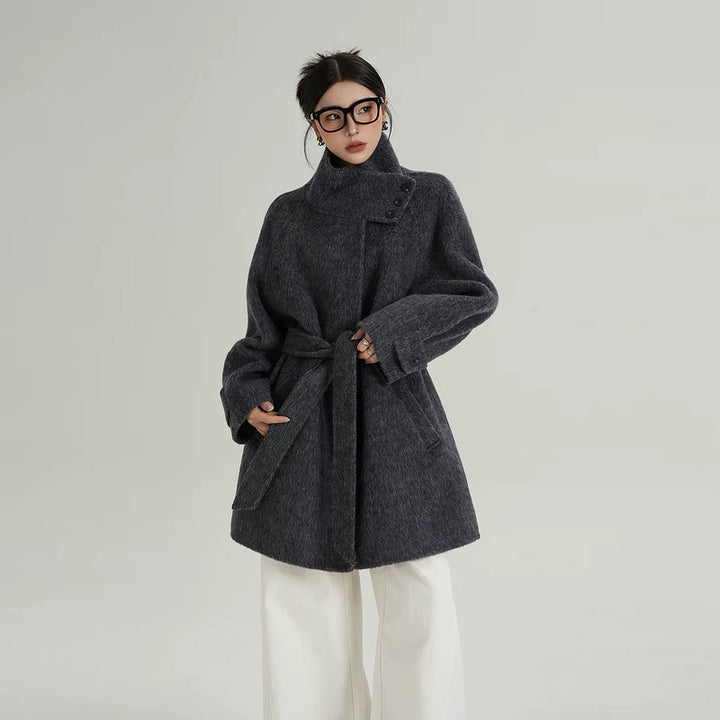 Mid-Length Wool Coat with Stand Collar