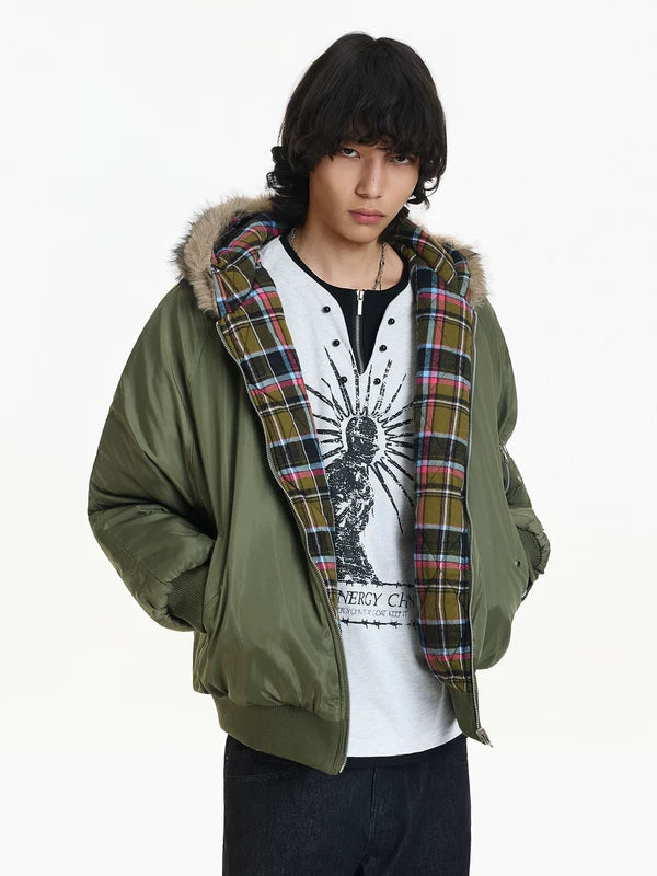 Plaid Lined Fur Hood Puffer Bomber Jacket