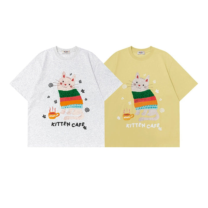 かわいい猫のグラフィックコットンTシャツ 