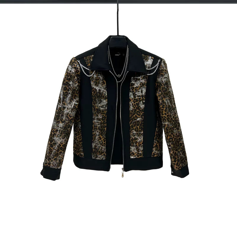 パッチワークレオパードプリントジャケットとパンツセット 