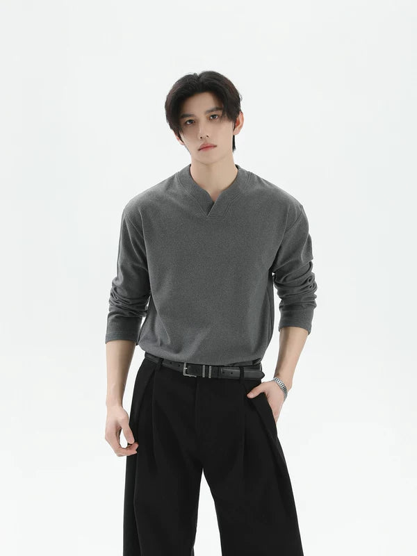 브이넥 긴팔 캐주얼 티셔츠 