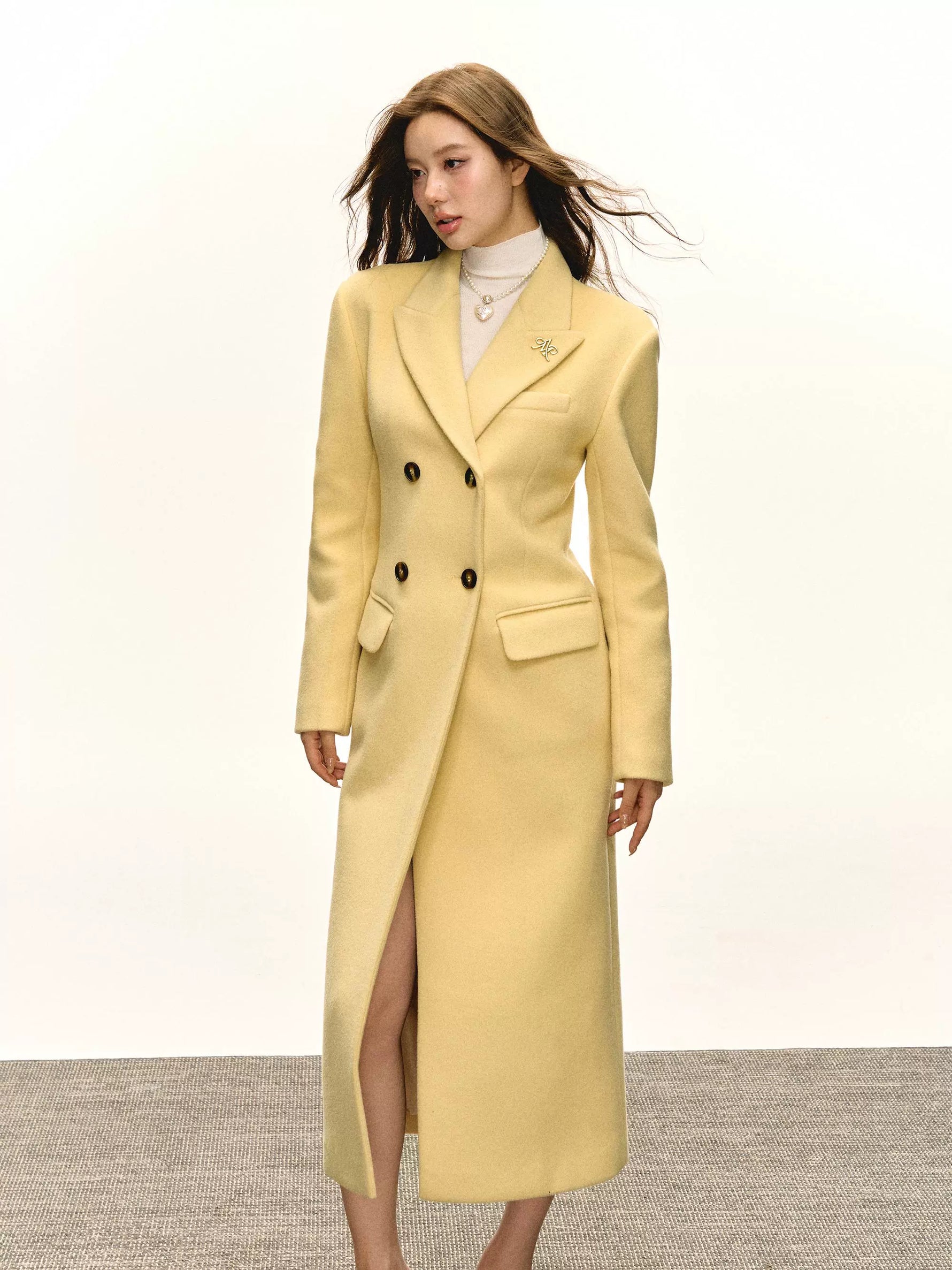 Mid-Length Woolen Coat with Slit