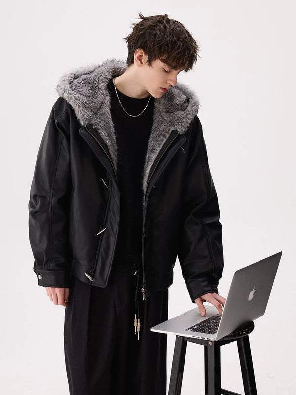 Faux Fur Collar Leather Hooded Jacket
