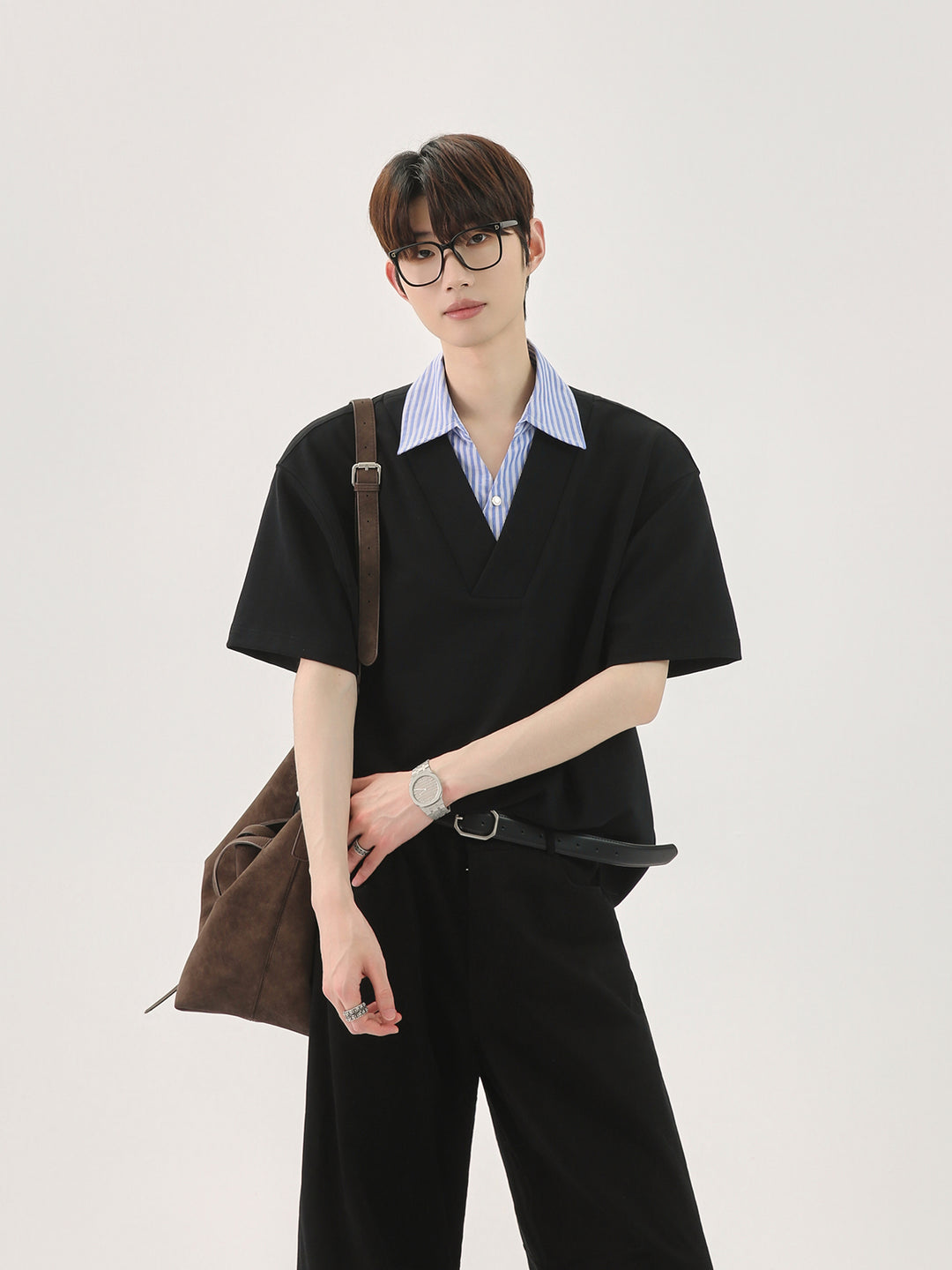 Loose V-Neck Patchwork Shirt