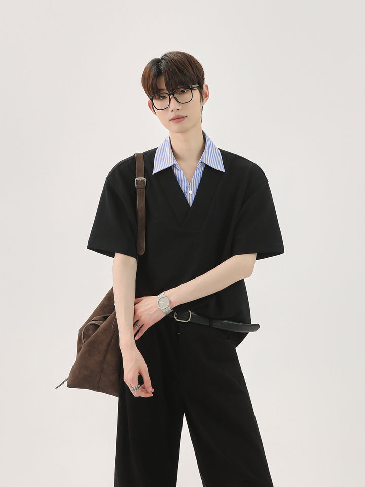 Loose V-Neck Patchwork Shirt