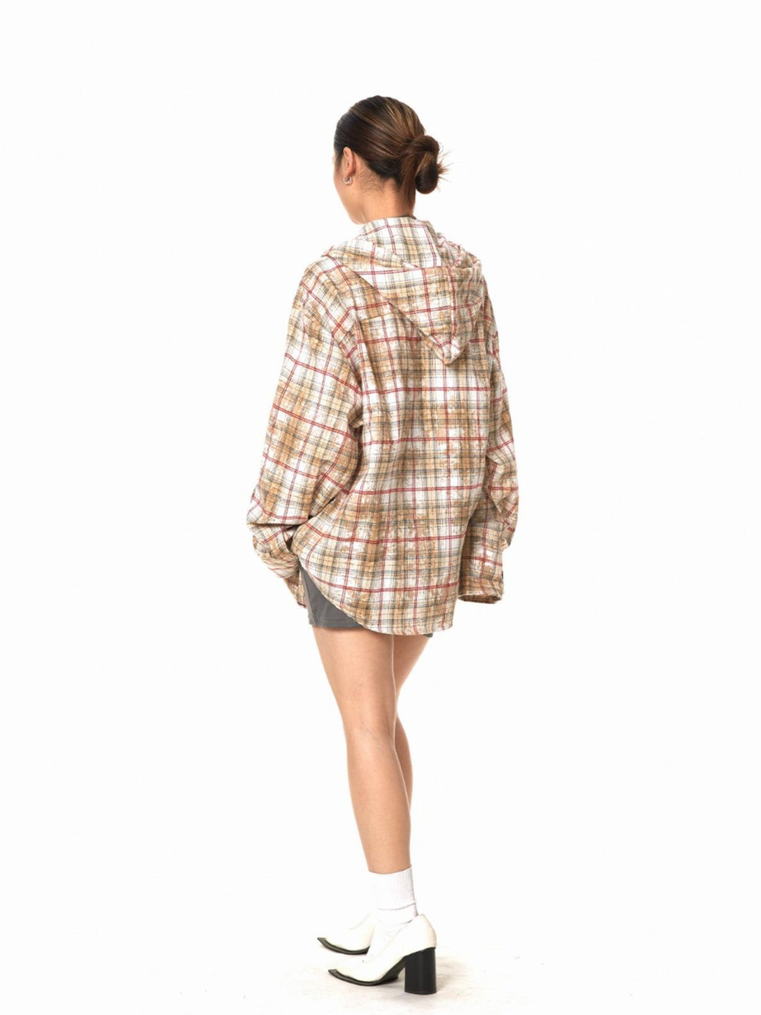Loose Retro Hooded Plaid Shirt Jacket