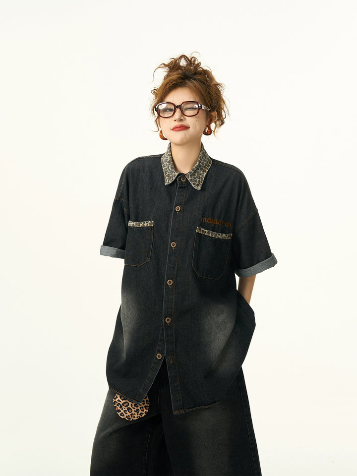 Chemise en denim à manches courtes en patchwork léopard 