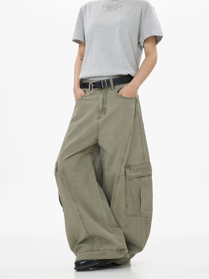 Distressed Multi-Pocket Wide-Leg Cargo Pants