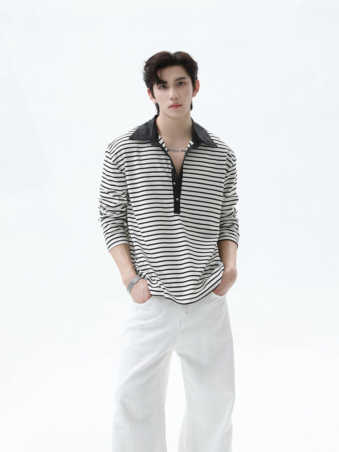 Striped Lapel Long Sleeve Pullover