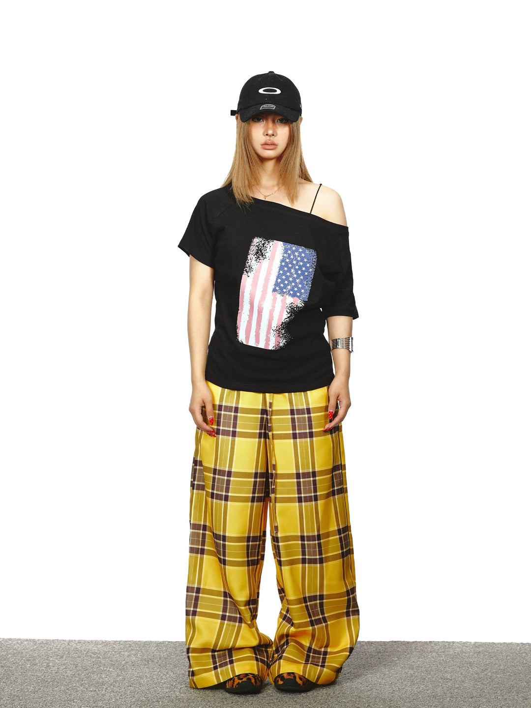 Flag Print Off Shoulder Short Sleeve Top