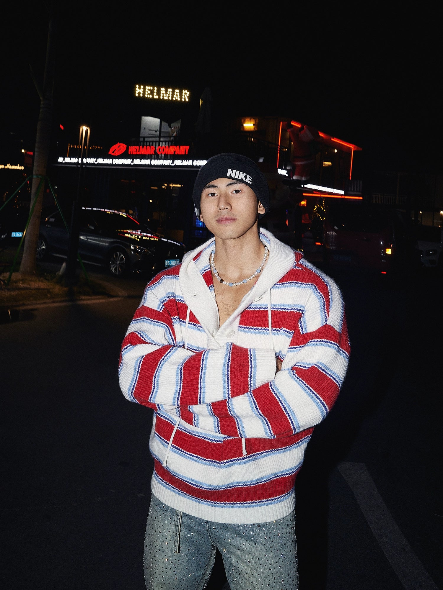 Striped Knit Pullover Hooded Sweater