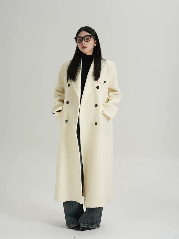 Длинное двубортное шершавая кашемировая пальто 