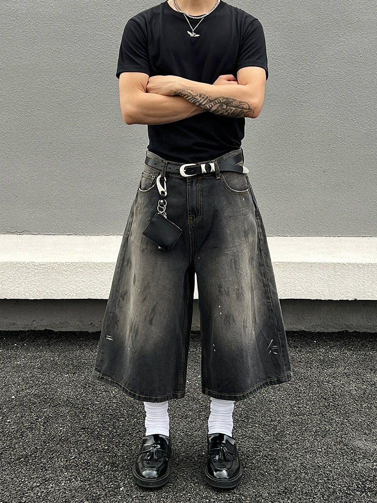 Vintage Washed Wide-Leg Denim Shorts