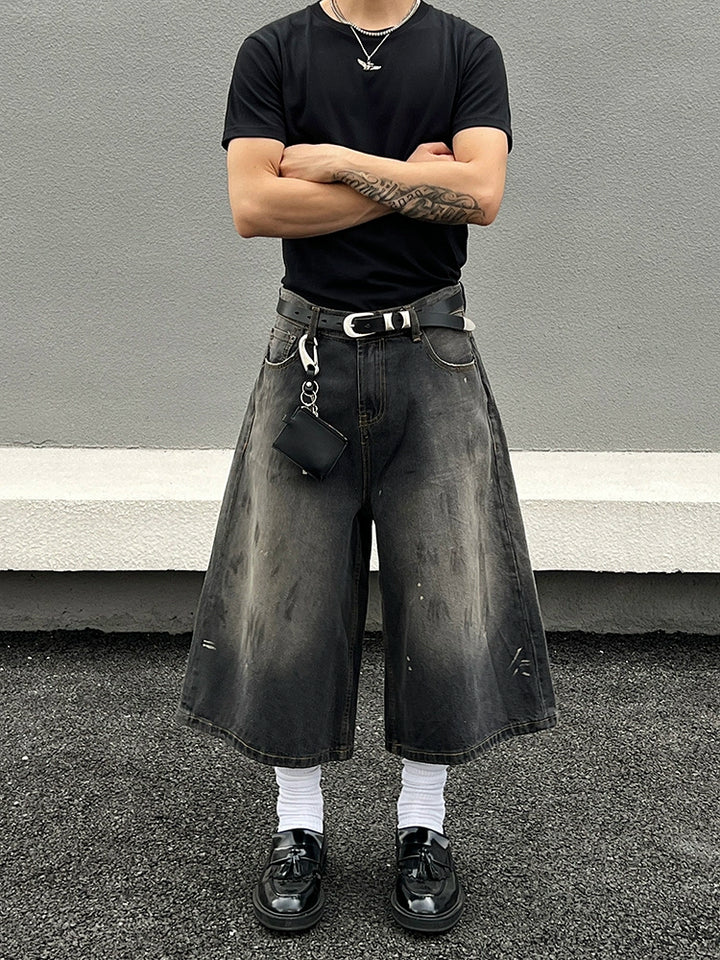 Vintage Washed Wide-Leg Denim Shorts