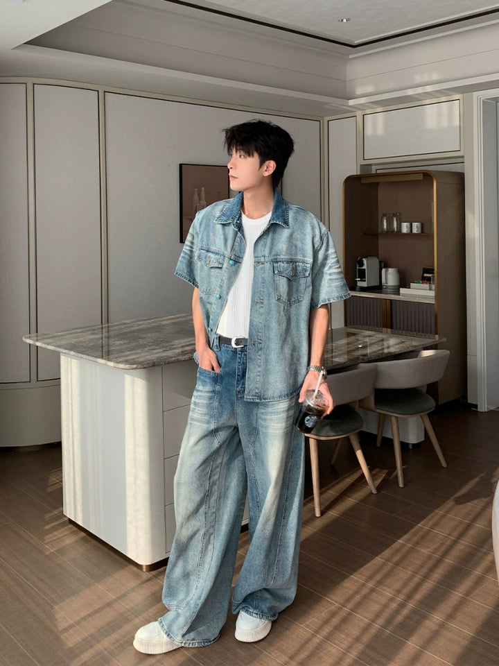 Denim Kurzarmhemd und Hosen Set 
