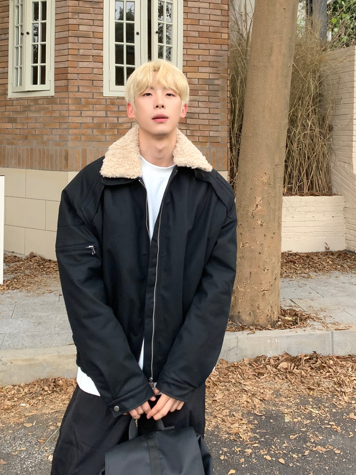 페이크 퍼 칼라 가죽 모터사이클 재킷 