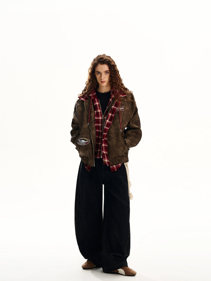 Plaid Splicing Hooded Leather Jacket