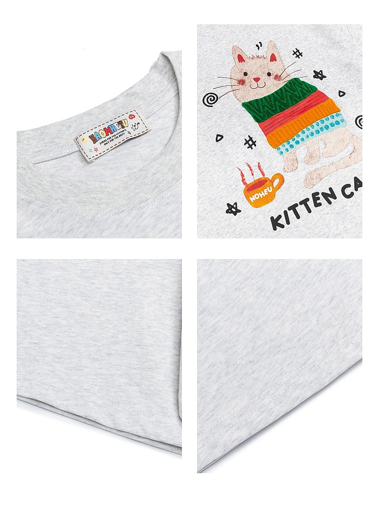 かわいい猫のグラフィックコットンTシャツ 