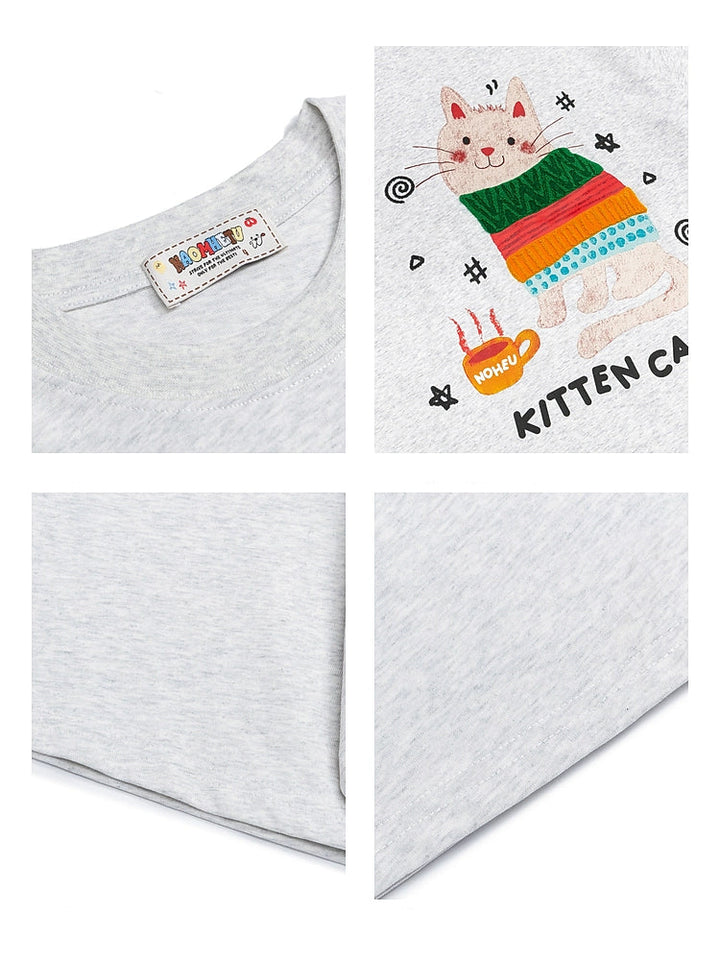 かわいい猫のグラフィックコットンTシャツ 