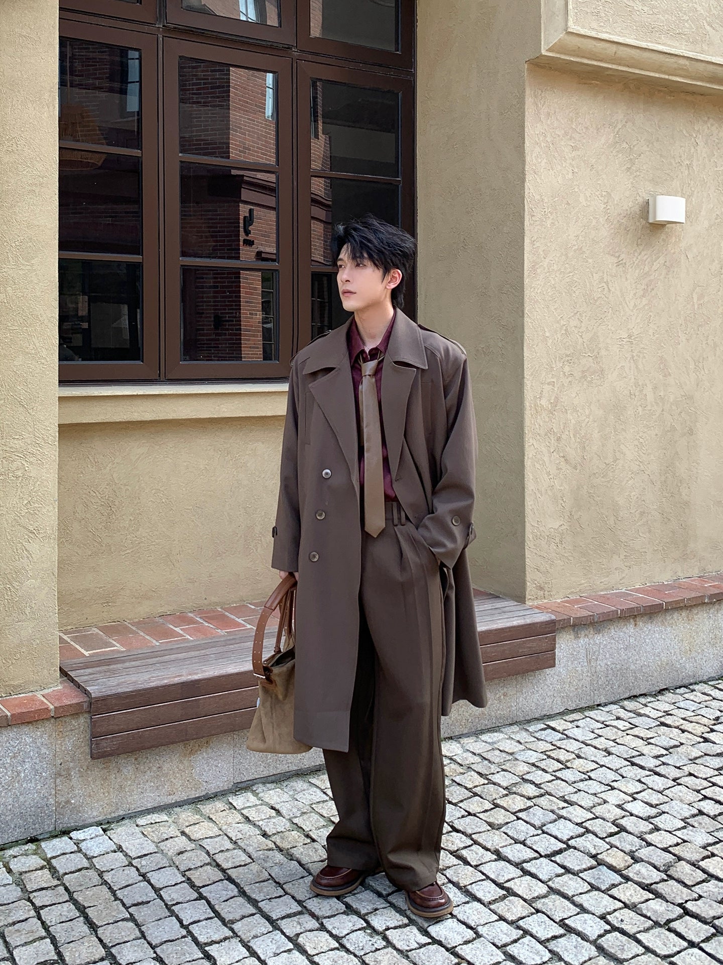 Çift Düğmeli Diz Boyu Rüzgarlık Ceket 