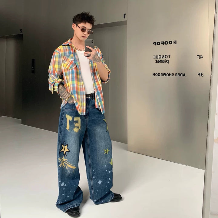 Handgeschilderde Ster Graffiti Rechtaf Jeans 