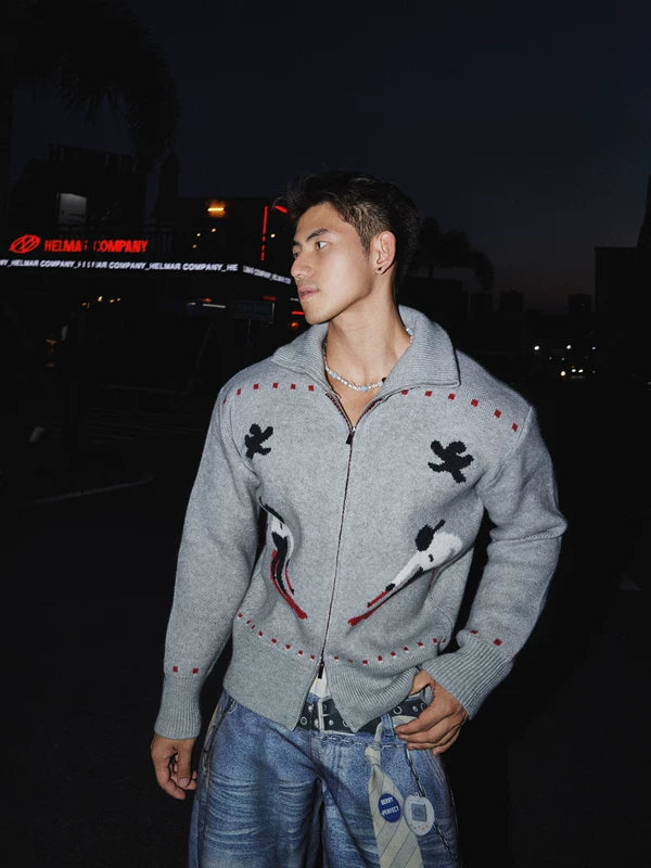 Cartoon Zip-Up High Neck Knit Sweater