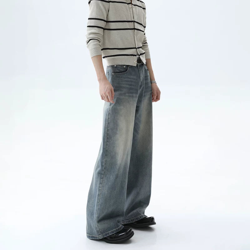 Distressed Washed Wide-Leg Straight Jeans