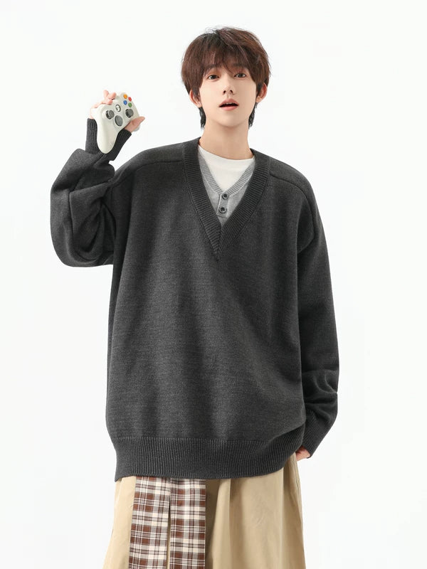 Oversized V-Neck Knit Layered Sweater