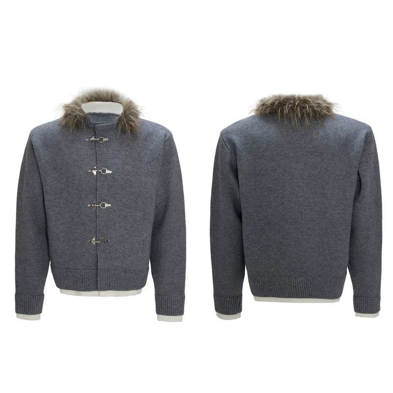 Metal Buttons Fur Collar Knit Sweater